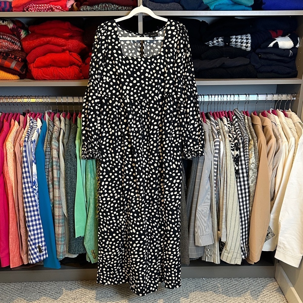 Who What Wear black/white polka dot long sleeve square neck midi dress size XS